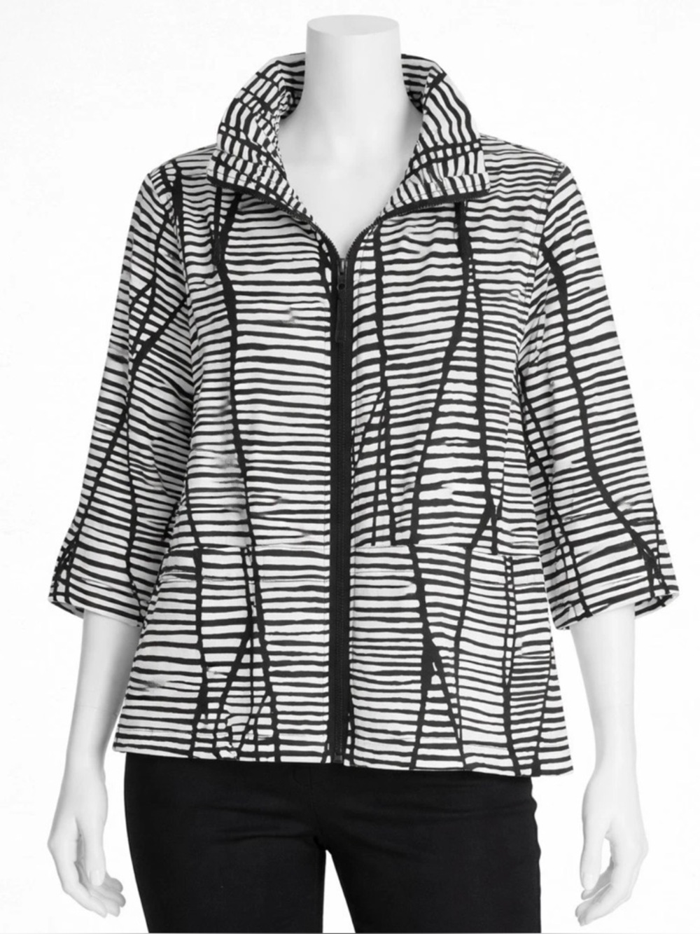 Caroline Rose Zip Jacket Size L PETITE Black White Abstract Stripe Stand Collar
